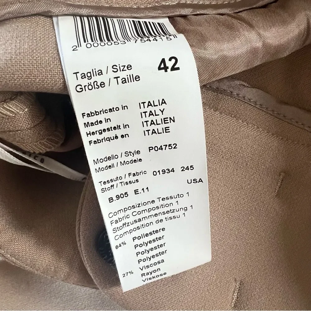 Peserico Slim Fit Trousers Style P04752 IT 42 US 6 Tan NEW